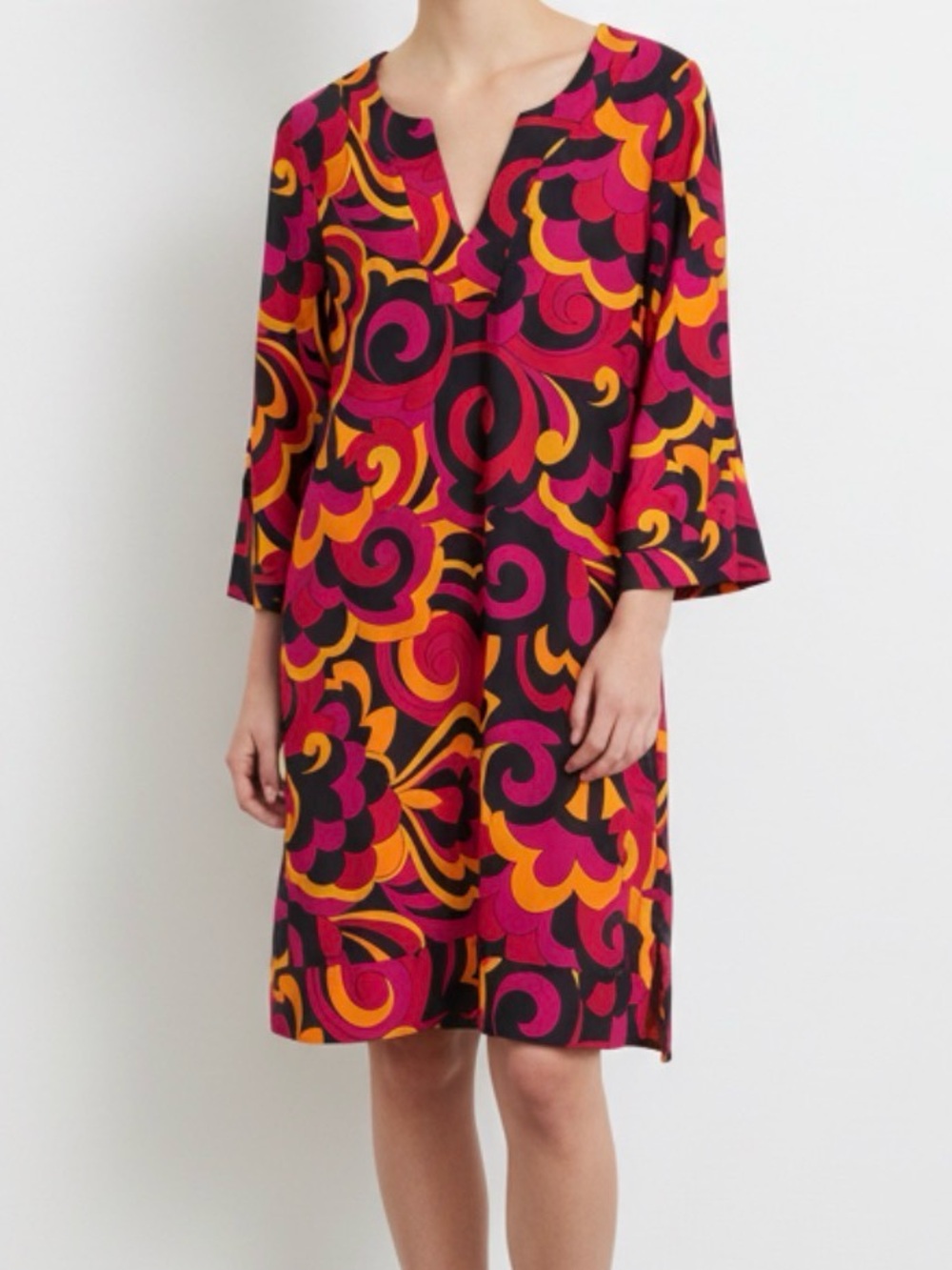 Jude Connally MEGAN Tunic DRESS Size L Jude Cloth V-neck MIDI 70s Print Stretch